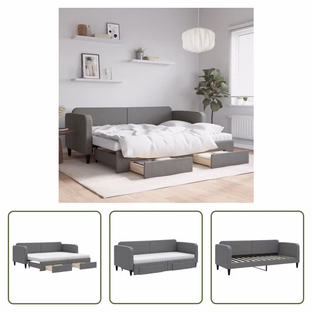 The Living Store Letto da giorno allungabile con cassetti grigio scuro 80x200 cm tessuto