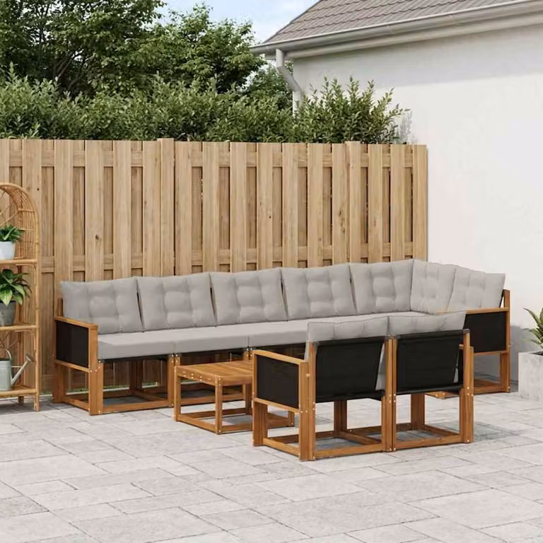 Set di divani da esterno vidaXL a forma di U in legno di acacia con tessuto textilene, colore beige e grigio, composto da 9 pezzi con cuscini inclusi