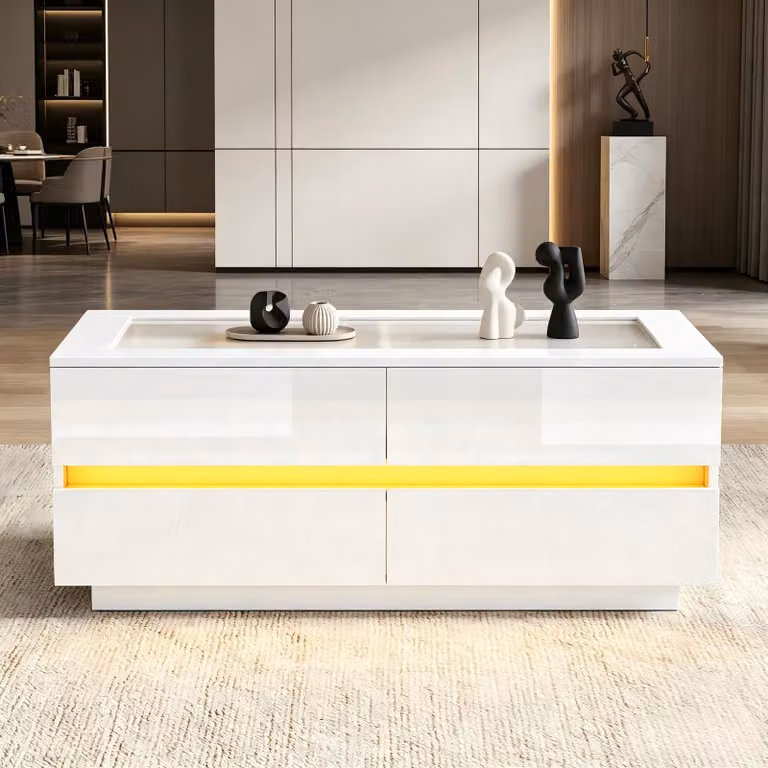Tavolino bianco okwish con piano in vetro temperato e illuminazione LED, mobile contenitore con quattro cassetti, frontali lucidi, ideale per il soggiorno
