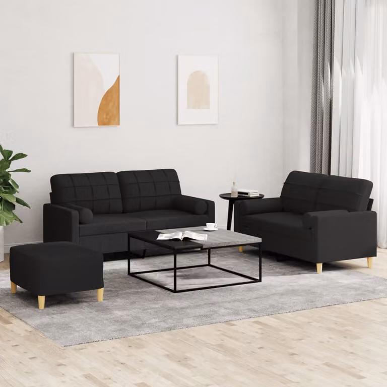 Set di Divani vidaXL 3 Pezzi con Ottoman e Cuscini in Tessuto Nero Moderno