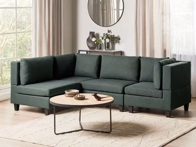 Divano componibile Beliani a 4 posti in tessuto verde scuro con ottomana e gambe nere, stile moderno, lato destro, L 228 x P 152 x H 77 cm – 1