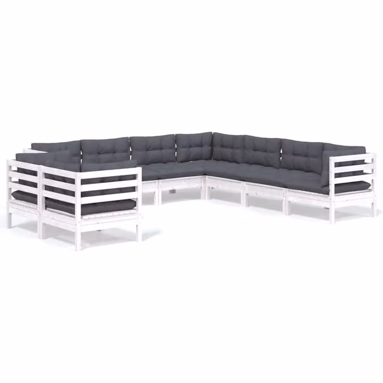 Set Divani da Giardino 9 pz con Cuscini Bianchi Legno di Pino