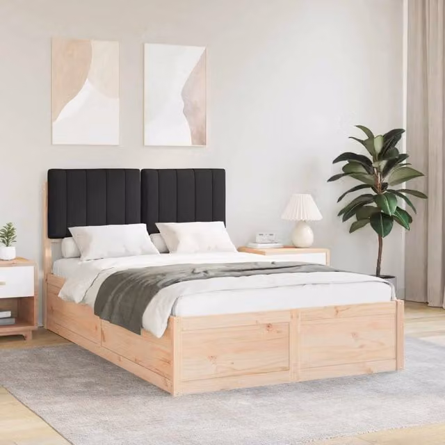 Letto moderno vidaXL in pino massello con testiera rivestita in tessuto nero L/P/H: 200 x 120 x 102,5 cm – 1
