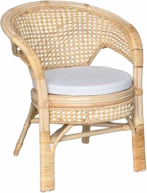 Poltrona Amanda in vimini naturale e paglia di Vienna con cuscino, colore marrone e beige
