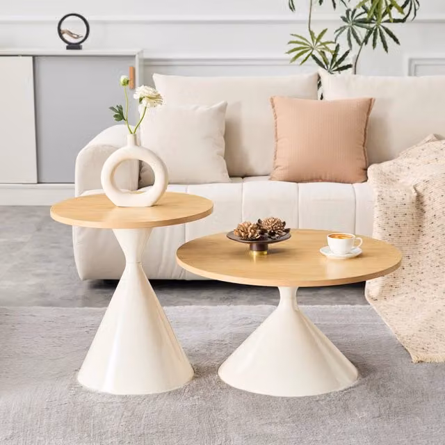 Set di 2 tavolini da caffè rotondi WISHDOR con piano in legno marrone e base in metallo design moderno