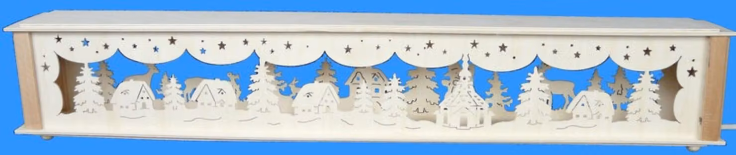 Aumento di livello con piccole case e illuminazione. Dimensioni: 72x10x10 cm. NUOVO