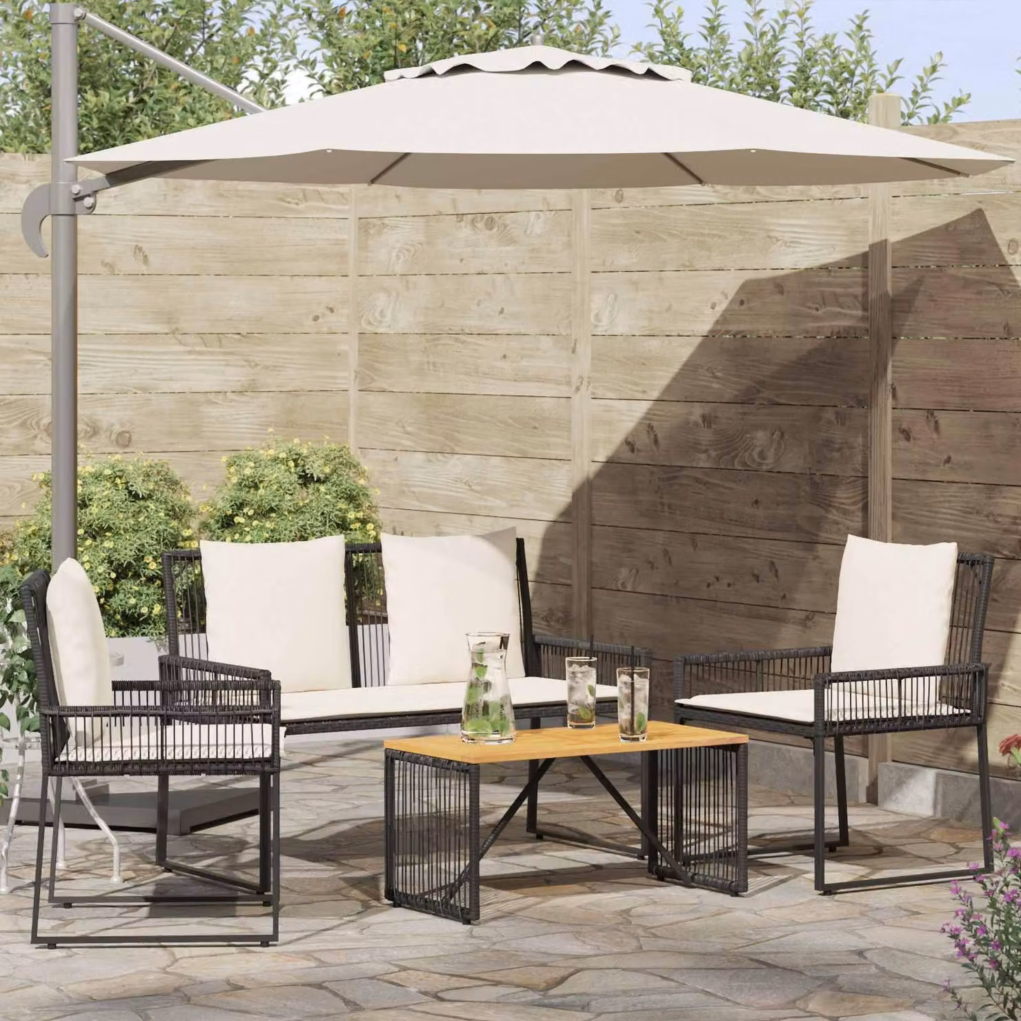 Maison Exclusive - Set di mobili da giardino, 4 pezzi, in polyrattan nero e bianco crema
