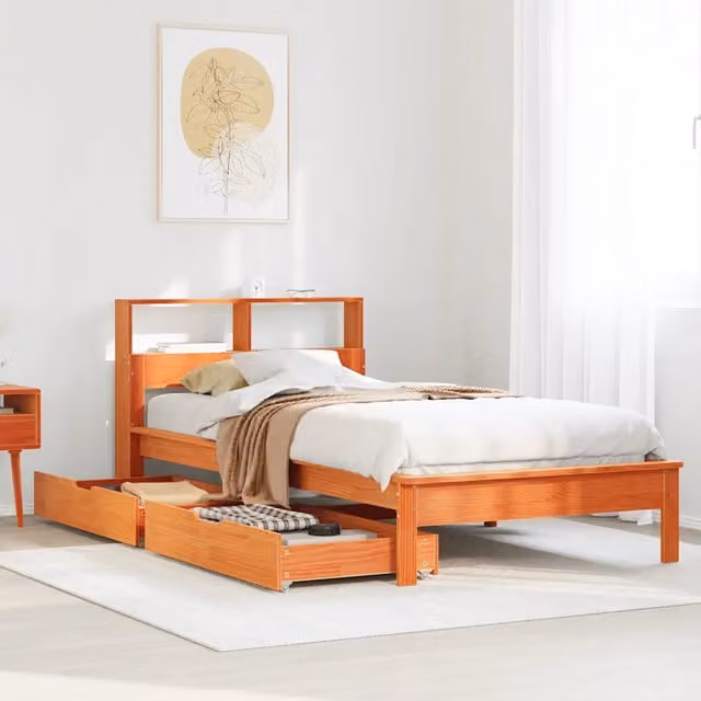 Letto Libreria senza Materasso-Struttura Letto con contenitore Marrone Cera 100x200 cm in Pino 294876