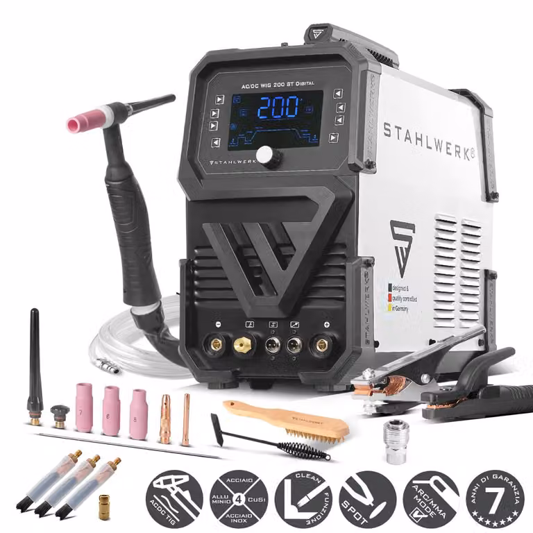 STAHLWERK saldatrice ad arco schermata da gas 3 in 1 Combi AC/DC TIG 200 ST Digital - TIG e MMA fino a 200 A, modalità clean per la pulizia elettrochimica