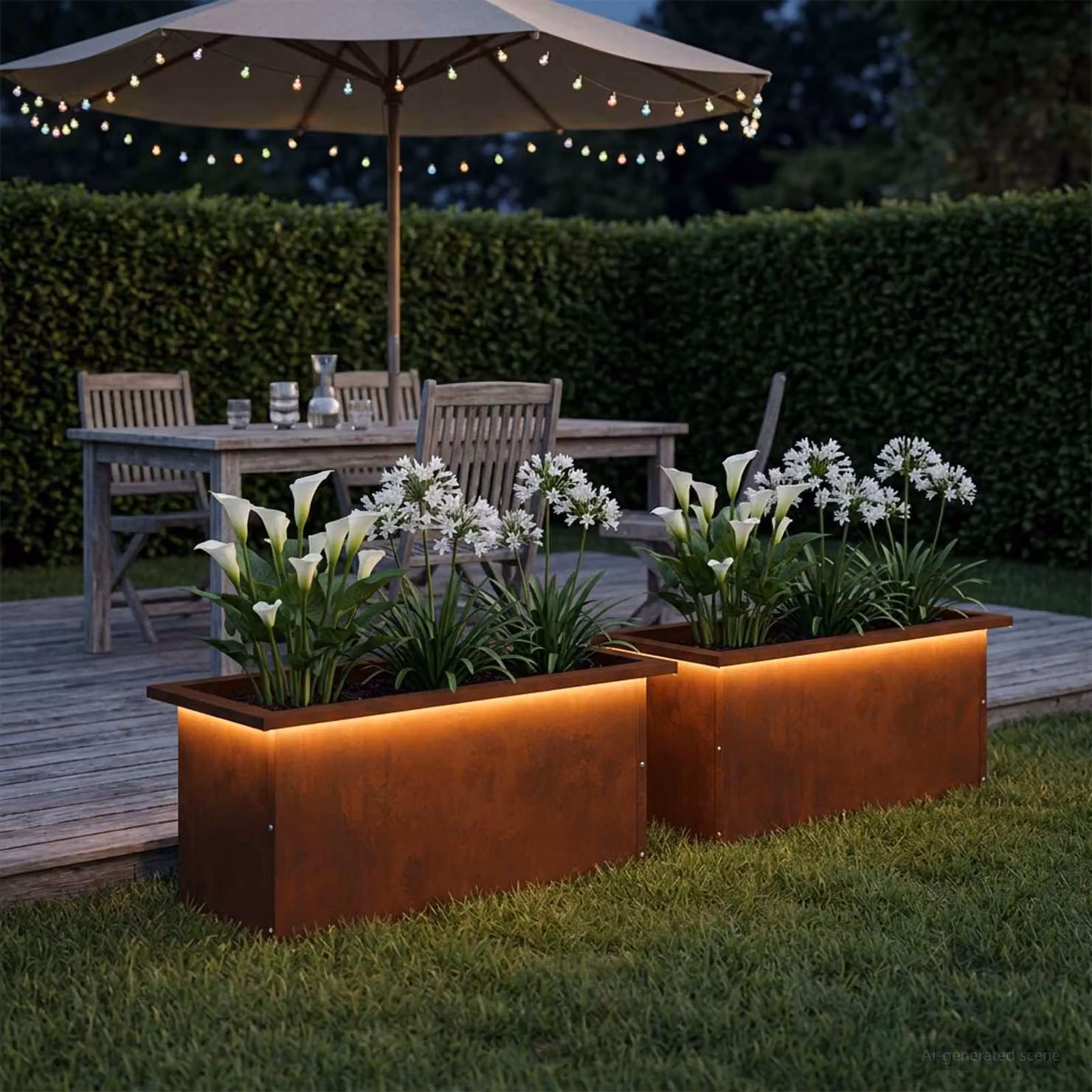 Set di 2 fioriere da giardino con LED vidaXL in acciaio, colore marrone, L: 60 cm, P: 30 cm, H: 30 cm