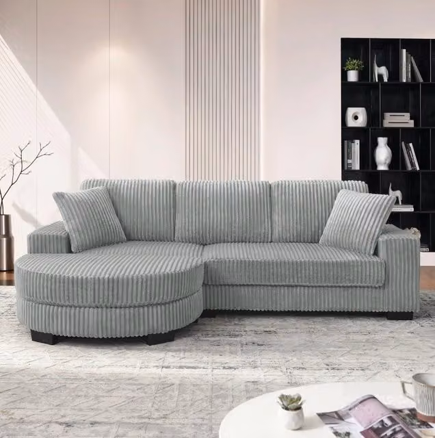 Divano angolare modulare con pouf ovale spostabile; 256;5 x 133;5 x 89 cm; grigio