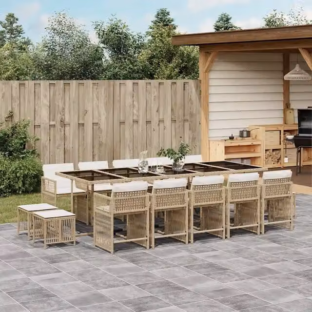 Set da Pranzo da Giardino vidaXL in Polyrattan con Cuscini Beige e Tavolo in Vetro, 15 Pezzi – 1