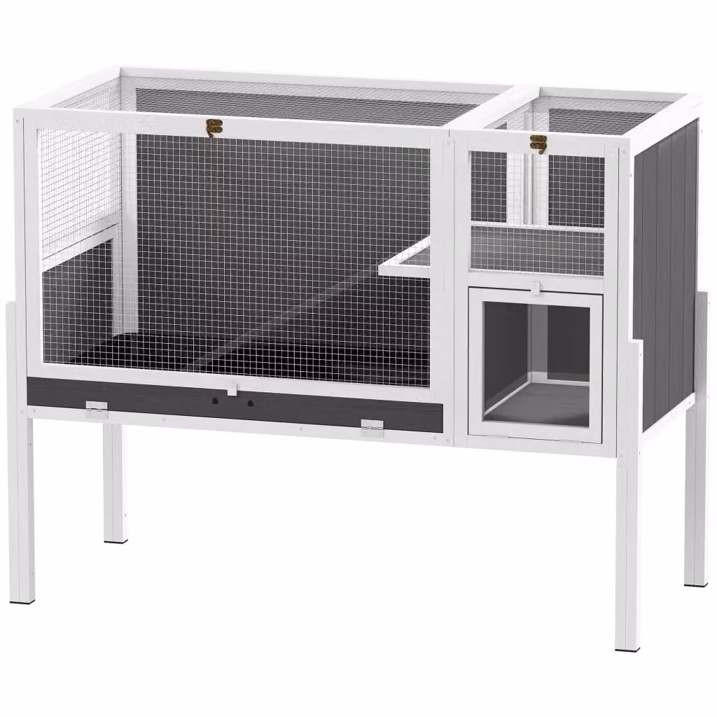 Gabbia per piccoli animali in legno di abete laccato con pavimento rialzato e tetto rimovibile, Grigio – 2