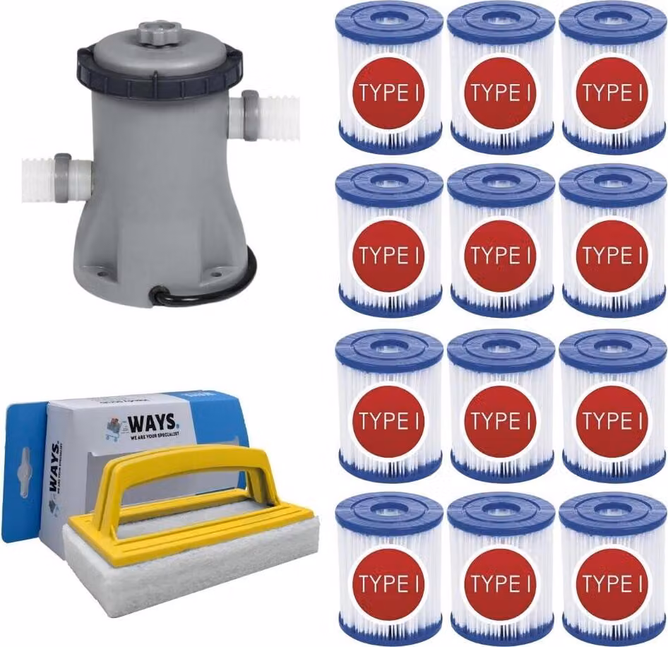 WAYS - Cura della piscina - Pompa filtro 1249 L/h e 12 filtri di tipo I & spazzola WAYS per il lavaggio