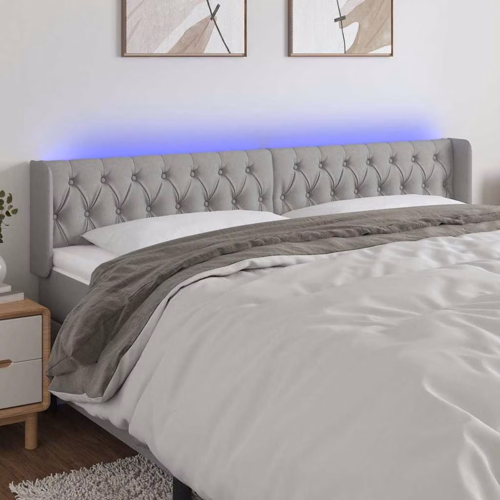 Testiera per letto con LED e porta USB vidaXL in tessuto grigio chiaro, L: 183 cm, P: 16 cm, H: 78-88 cm