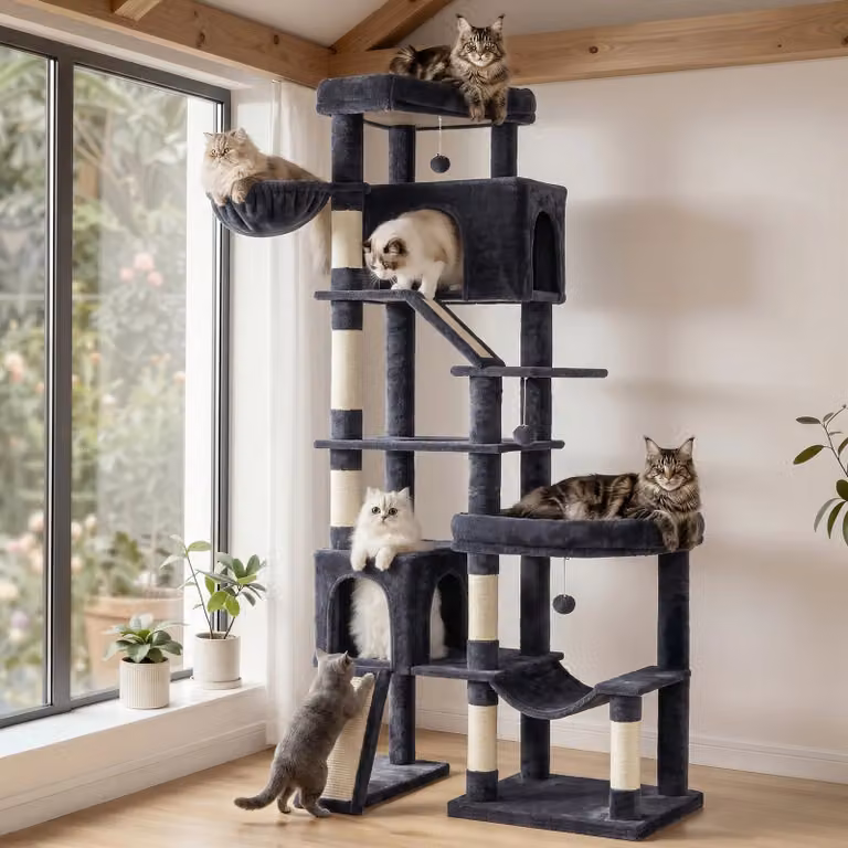 Albero tiragraffi per più gatti con sisal e aree di riposo, 133,5 x 67,5 x 202 cm / Grigio Scuro