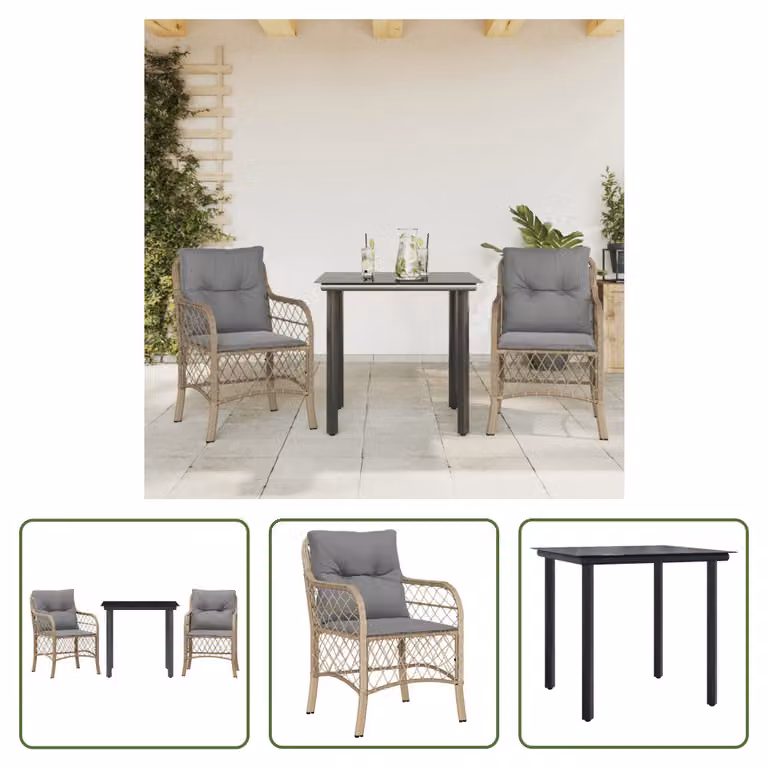 The Living Store Set bistrot 3 pezzi con cuscini Beige mix poly rattan