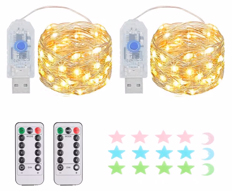 Catena luminosa a LED, alimentazione USB, 50 LED, 8 modalità, timer, grado di protezione IP65, lunghezza totale 2x5 metri, luce bianco caldo