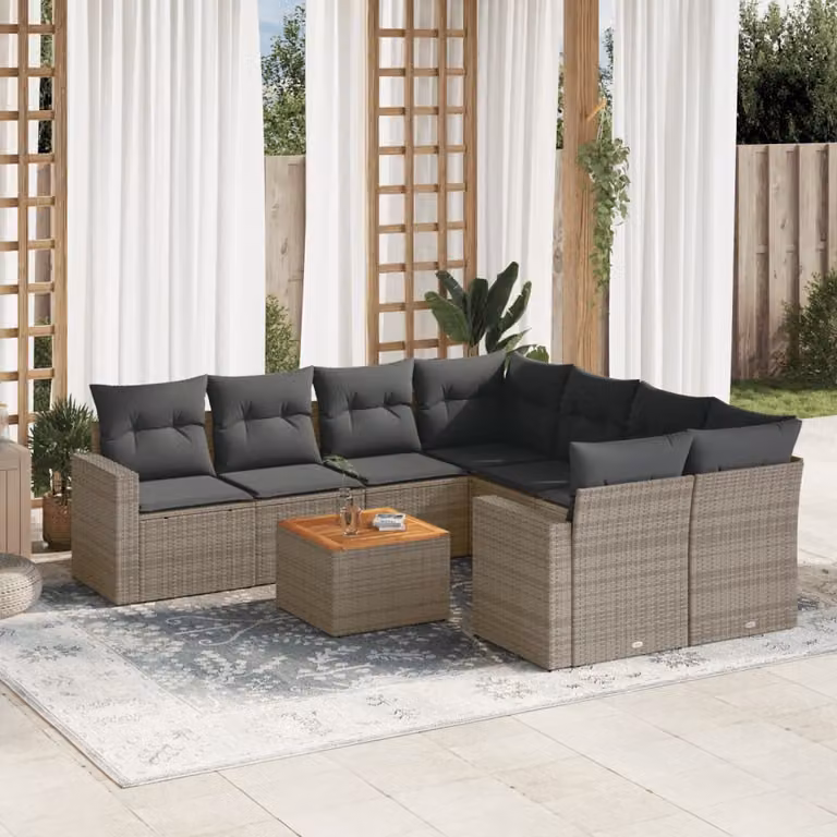vidaXL Set Divano da Giardino 9 pz in Polyrattan con Cuscini e Tavolino da Caffè, Grigio e Marrone