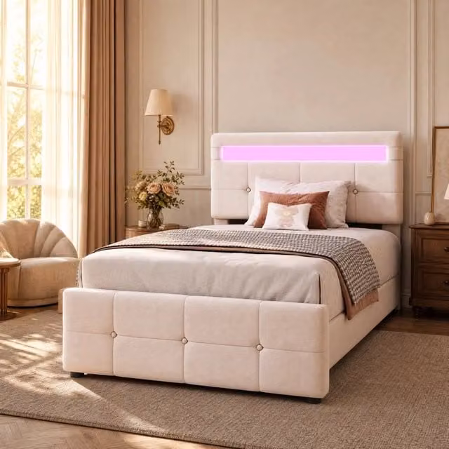 Letto singolo imbottito 90 × 200 cm con vano contenitore LED testiera regolabile e velluto beige