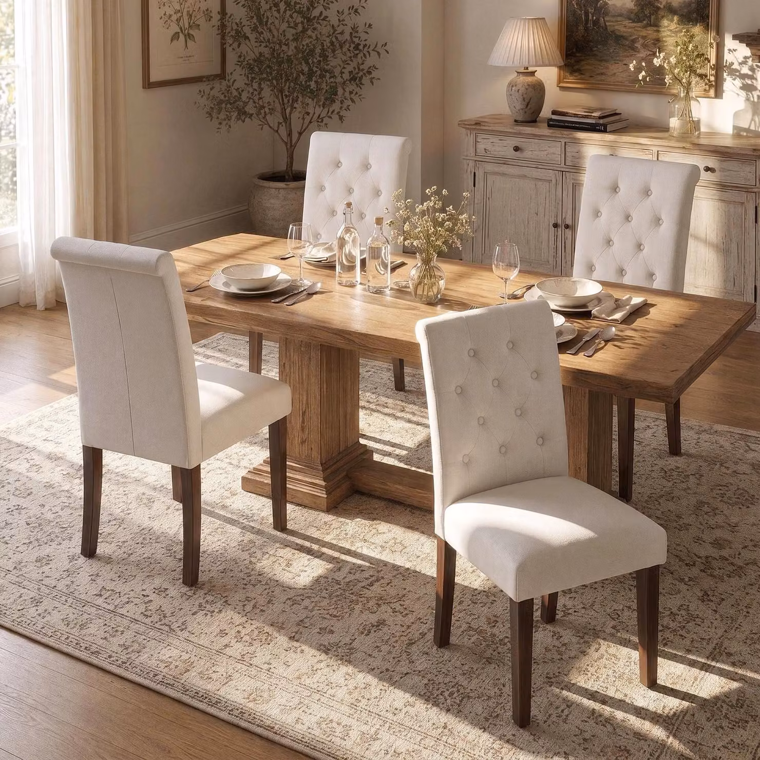Set di sedie da pranzo - Stile Chesterfield - Rivestimento in tessuto imbottito con cuciture a bottone - 4 sedie - Gambe in legno massello - Colore beige