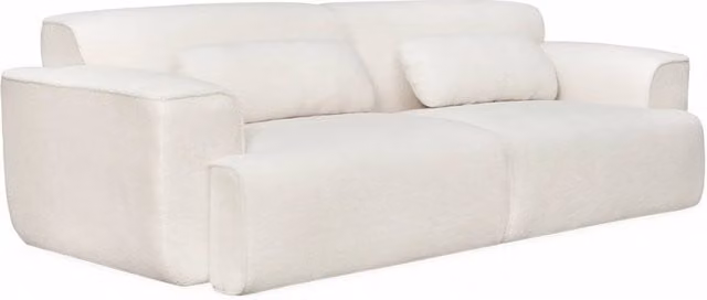 Divano a 3 posti Sweeek in tessuto bouclé bianco con struttura in legno massiccio e cuscini coordinati, L: 230 cm, P: 73 cm, H: 76 cm