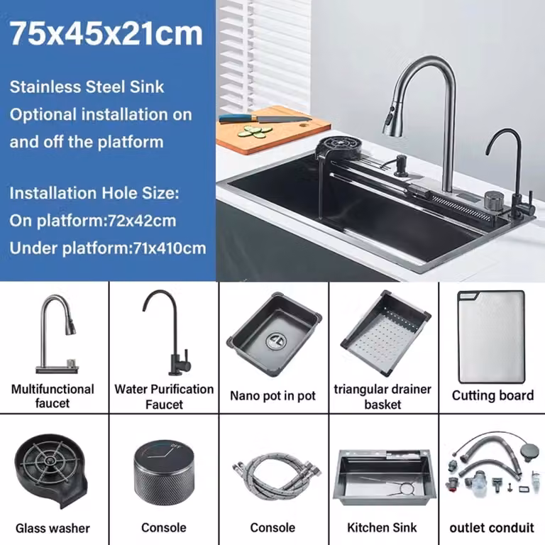 Lavello da cucina a cascata - Lavello a vasca singola - Paraspruzzi frontale - 75x46 cm - Acciaio inossidabile 304 - Con rubinetto - Grigio