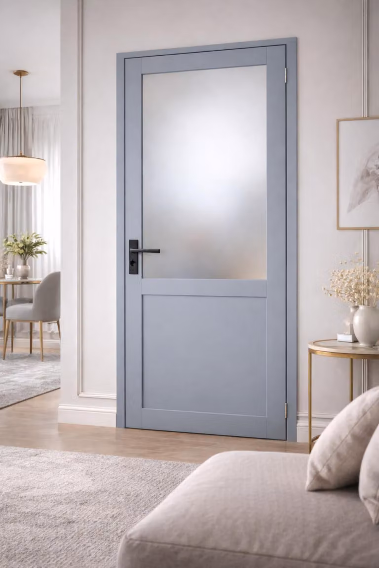 Bloc Porta Athena Grigio Chiaro Vetrata H204 x L83 cm Lato Tavola P.gauche, maniglia GD MENUISERIES