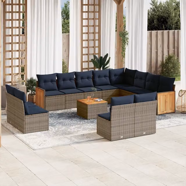 Set di divani da giardino vidaXL in rattan e legno di acacia oliato con 13 pezzi e cuscini grigi e blu – 1