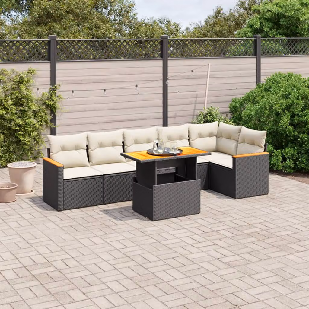 vidaXL Set Divani da Giardino a L con Polyrattan e Cuscini, 7 Pezzi, Nero e Bianco