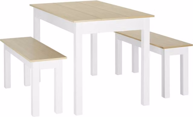 Set da pranzo XYLO composto da tavolo rettangolare e 2 panchine in legno e MDF, ideale per 4-6 persone, finitura opaca, colori marrone e bianco