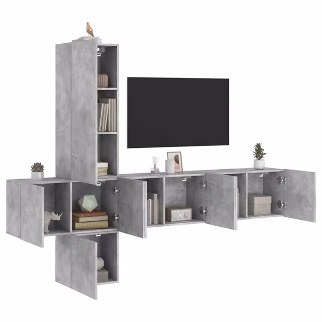 Mobili TV a Muro con LED 5pz Grigio Cemento Legno Multistrato 3216460