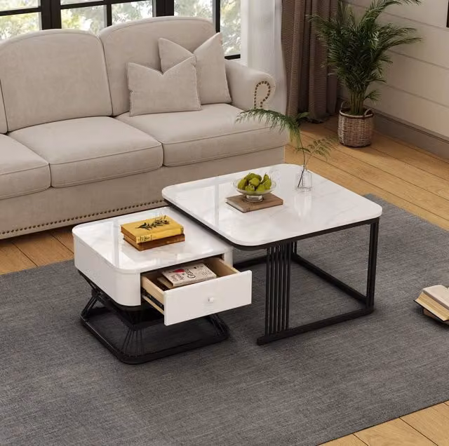 Set 2 tavolini da salotto ULEVR 70x70x45 e 50x50x40 cm con cassetto e vano aperto, bianco e nero
