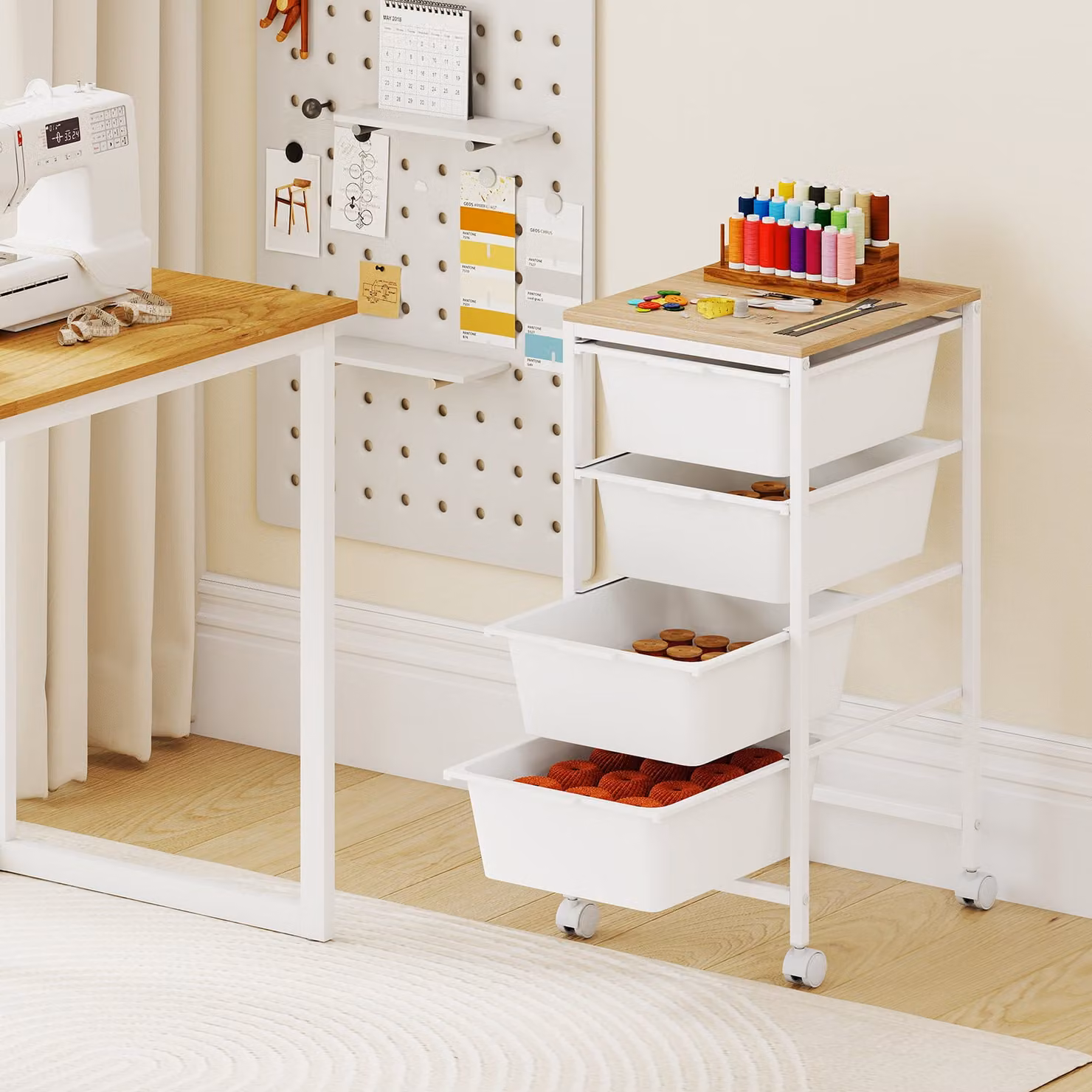 Carrello organizer salvaspazio Costway con 4 cassetti, 1 piano e 4 ruote, bianco