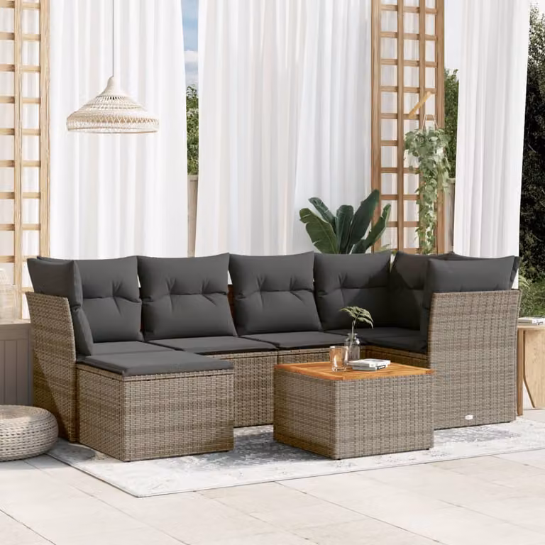 vidaXL Set Divani da Giardino 7 pz a Forma a L in Polyrattan Grigio con Cuscini e Tavolino