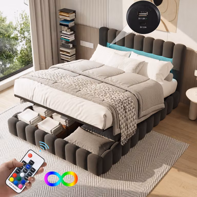 Letto imbottito UnboxG 140x200cm, letto matrimoniale idraulico con vano contenitore e rete a doghe, testata a LED con vano contenitore e funzione di ricarica USB, letto a molle insacchettate letto funzionale letto contenitore, lino, beige