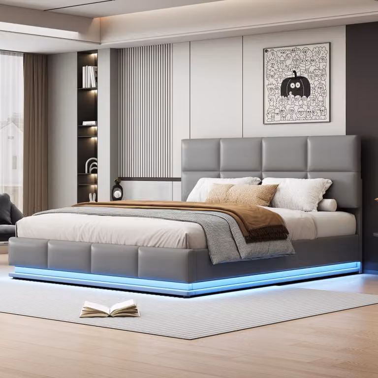 Letto imbottito 180x200 cm con illuminazione a LED, contenitore a sollevamento idraulico, rete a doghe e testiera regolabile in altezza, rivestito in ecopelle, colore grigio chiaro
