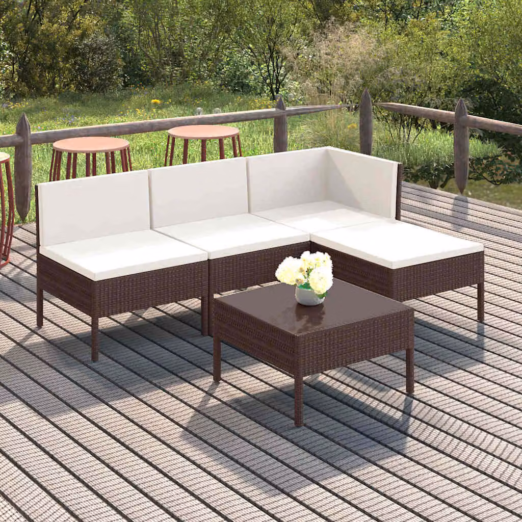 Set Divani da Giardino vidaXL a Forma di L con Tavolino e Pouf, Marrone e Bianco