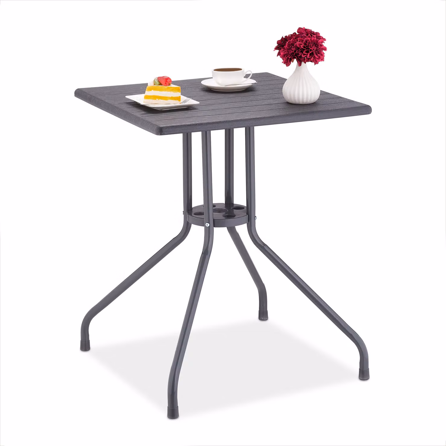 Tavolo da giardino Relaxdays, dimensioni: 75 x 61 x 61 cm, tavolo da balcone effetto legno, plastica, metallo, tavolo da terrazza quadrato, grigio