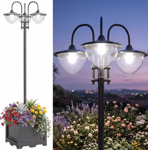 Outsunny Lampione Intelligente con Pannelli Solari e 3 Lampade LED, Nero, H x L x P: 189 x 60 x 55 cm