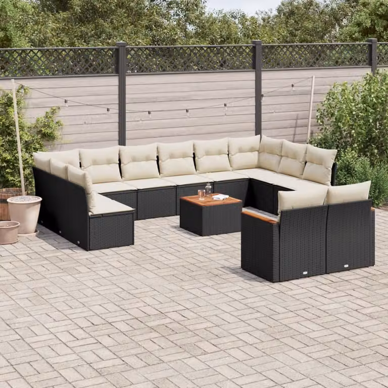 Set di Divani da Giardino vidaXL a Forma di L con Cuscini e Tavolino, Polyrattan Nero e Acciaio, Ideale per Terrazza e Giardino