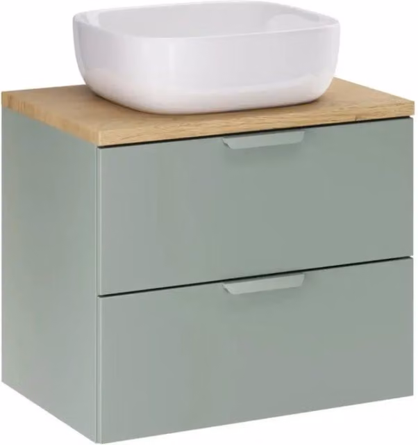 Set OSTER 60cm: mobile basso con cassetti verde salvia + piano per lavabo effetto rovere chiaro + lavabo da appoggio quadrato
