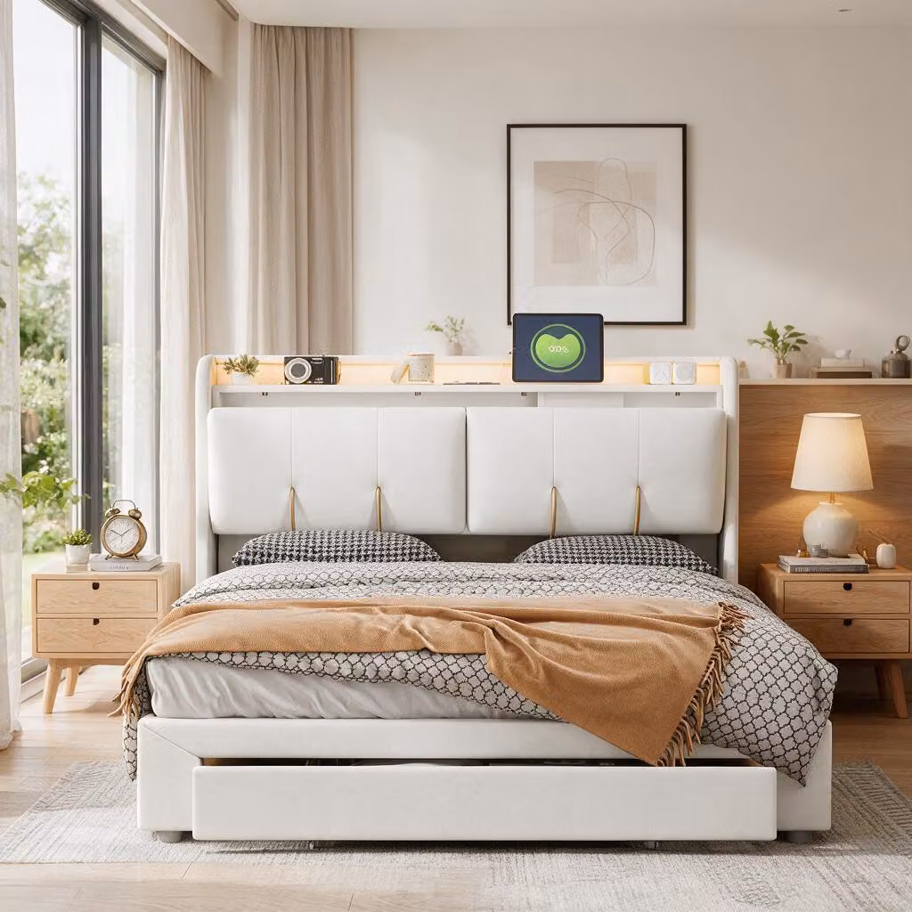 Letto matrimoniale idraulico INONEFT, 140x200 cm, con 1 cassetto, dotato di luci LED e prese USB, letto imbottito con spazio contenitivo nella testiera, rivestito in velluto color beige