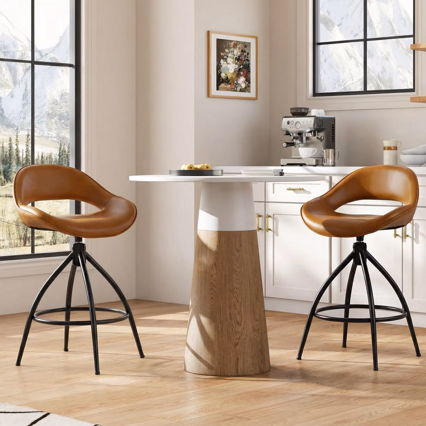 Set di 2 sgabelli da bar Costway girevoli a 360° con schienale e poggiapiedi, imbottiti in finta pelle Marrone per cucina e sala da pranzo