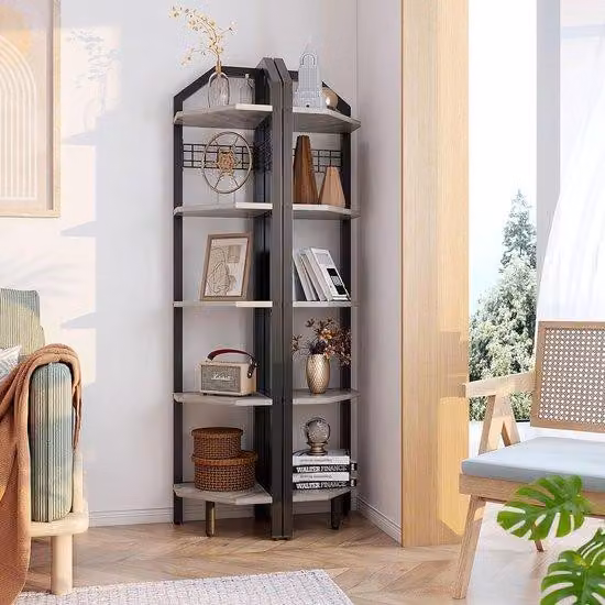 Parete portabiti alta, libreria con 5 cassetti, griglia metallica, 28 x 28 x 180 cm, ripiano a scaletta, ripiano per piante per soggiorno, camera da letto, cucina, balcone, design industriale, grigio