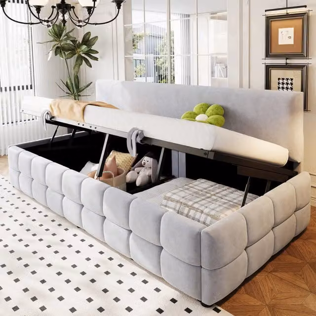 Divano letto imbottito 90 x 200 cm, contenitore idraulico, schienale senza braccioli, motivo a quadri, letto singolo, velluto - Grigio chiaro