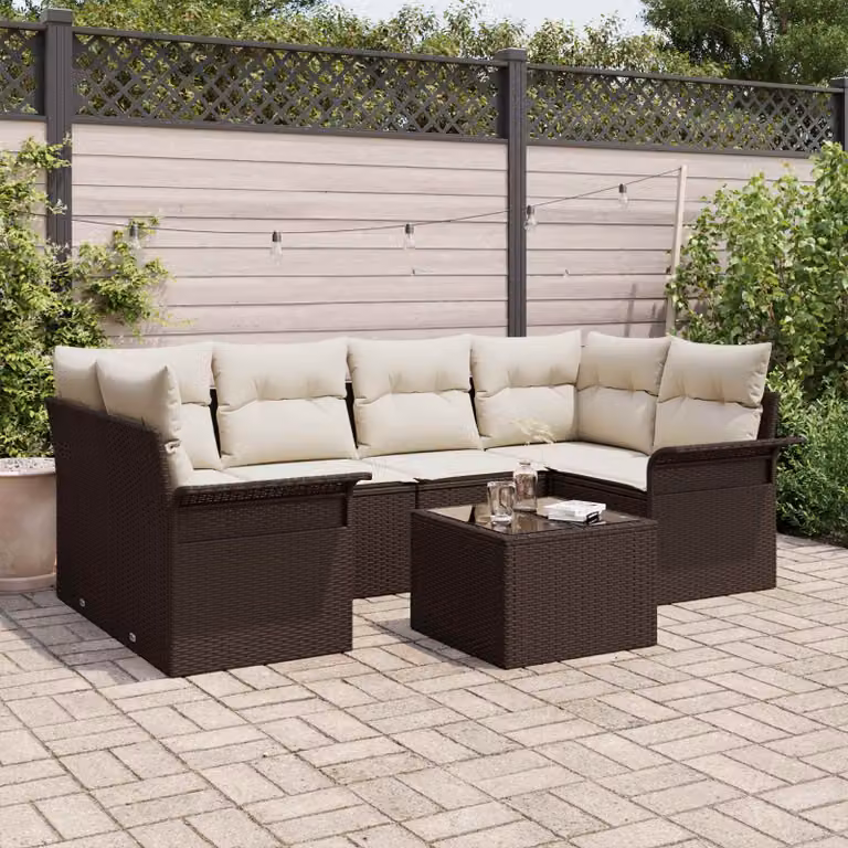 Set Divano da Giardino vidaXL a 7 Pezzi per 6 Persone con Tavolino, Design a L, Colore Marrone e Beige