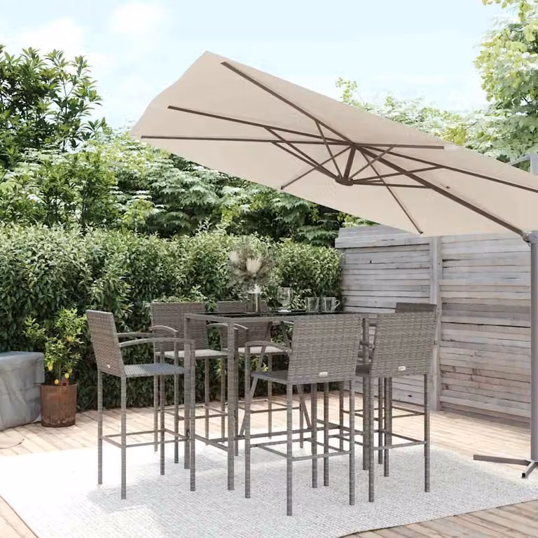 Set da Bar da Giardino vidaXL in Polyrattan Grigio e Nero con Piano in Vetro, 7 Pezzi