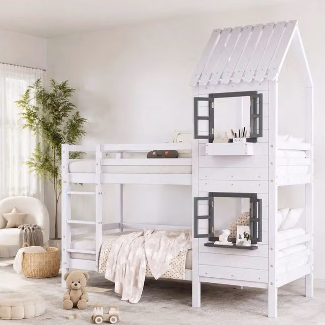 Letto a castello ULEVR 90x200 cm a forma di casa con finestre, scala con corrimano e sponde, bianco e grigio