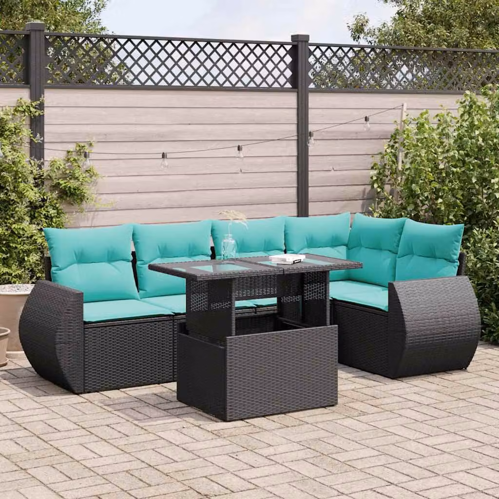 Set Divano da Giardino vidaXL 6 pz in Polyrattan con Cuscini e Tavolino, Forma a L, Colore Nero e Blu